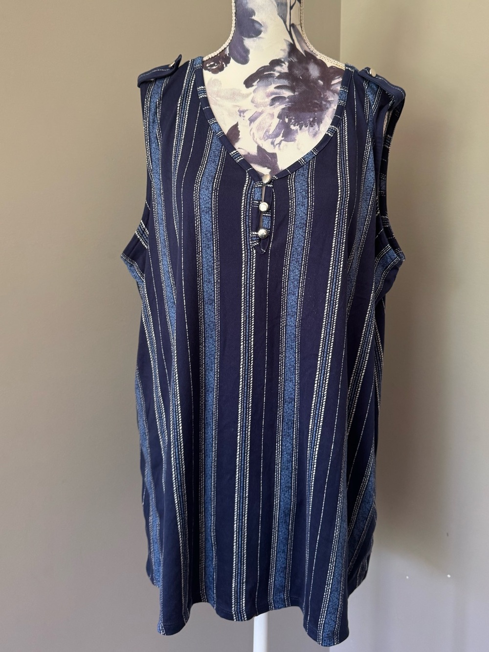 2 Dye 4 Navy and White Vertical Stripe Sleeveless V Neck Tank